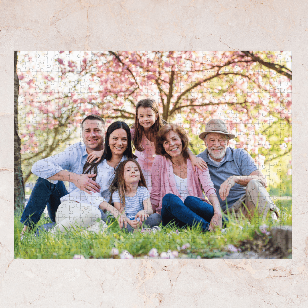 Family photo mosaic with cherry blossoms in the background