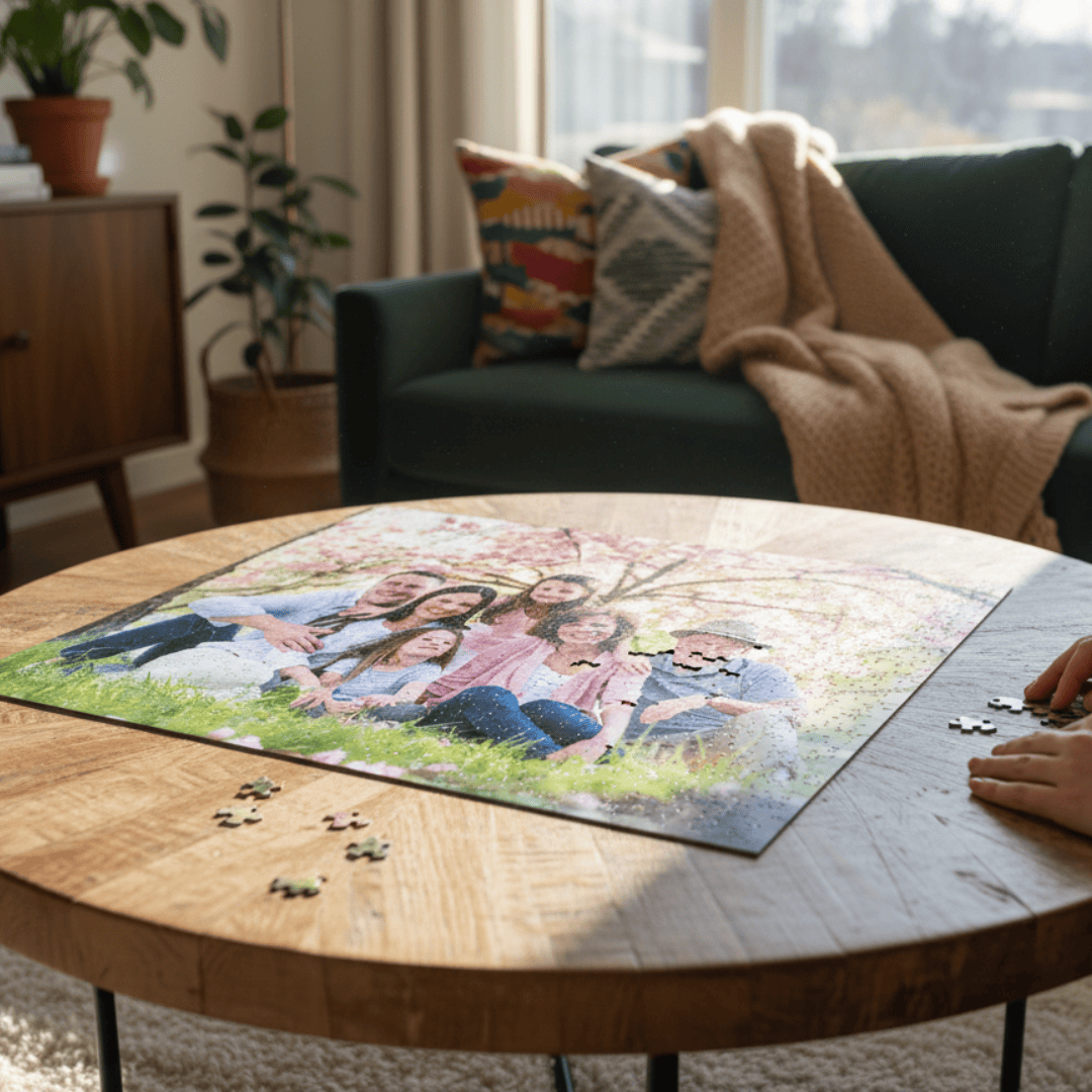 Person working on a puzzle of a family in a park on a wooden table in a cozy living room.
