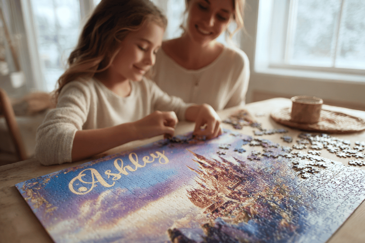 Woman and child working on a puzzle together, with a scenic puzzle piece featuring 'Ashley'.