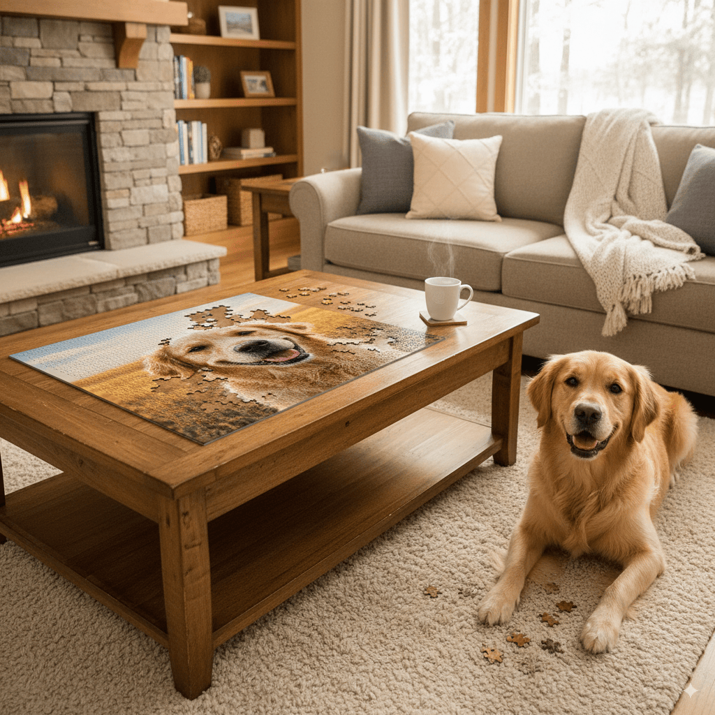 Dog sitting on a carpet next to a wooden coffee table with a puzzle and a cup of coffee, in a cozy living room.