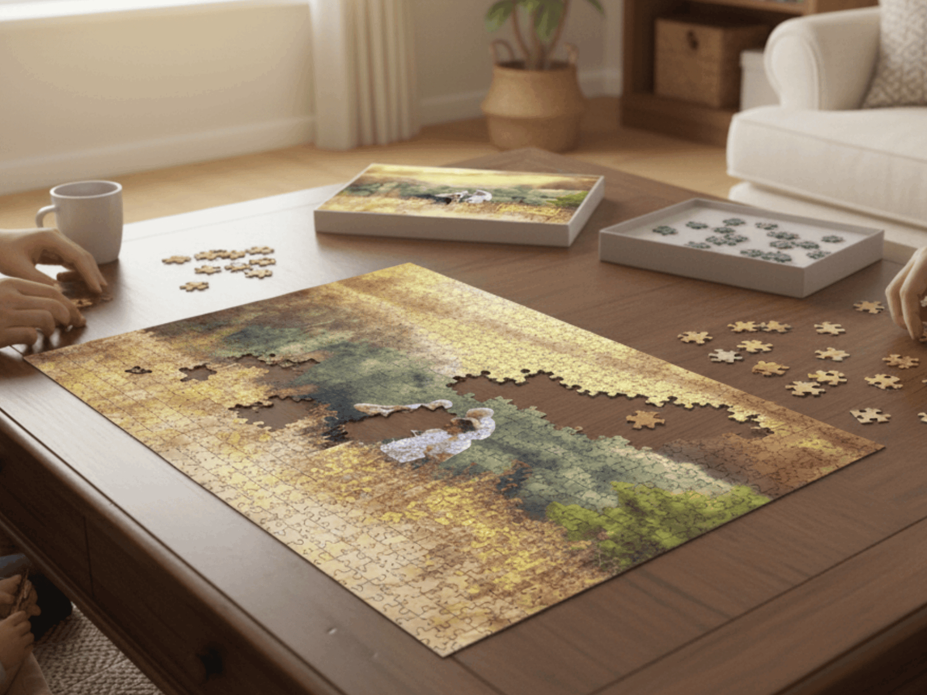 Jigsaw puzzle on a table with a scenic design, surrounded by puzzle pieces and a cup.