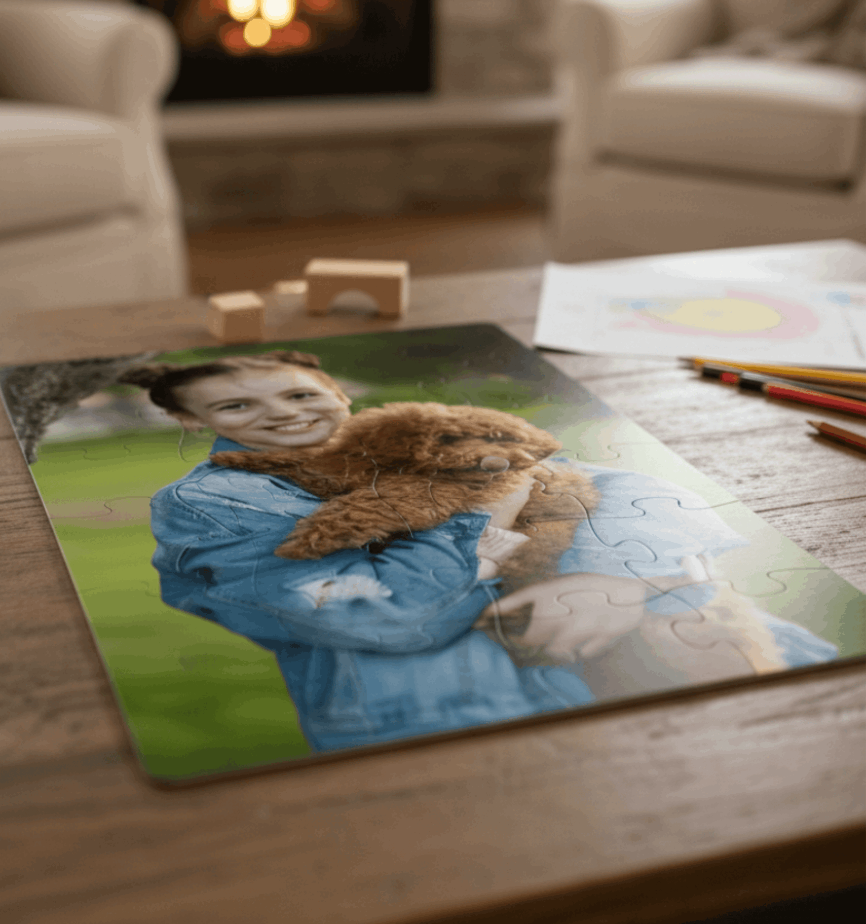 Jigsaw puzzle of a woman with a dog on a wooden table in a cozy living room.