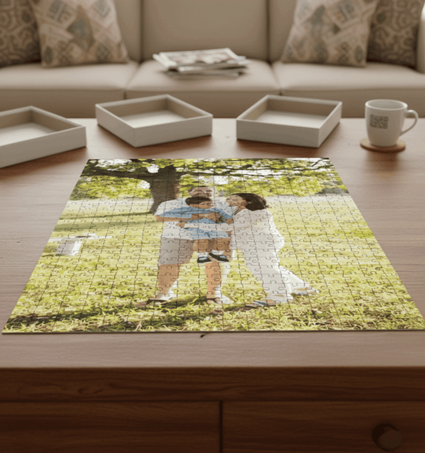 Jigsaw puzzle of a couple embracing on a table with a couch and coffee cup in the background