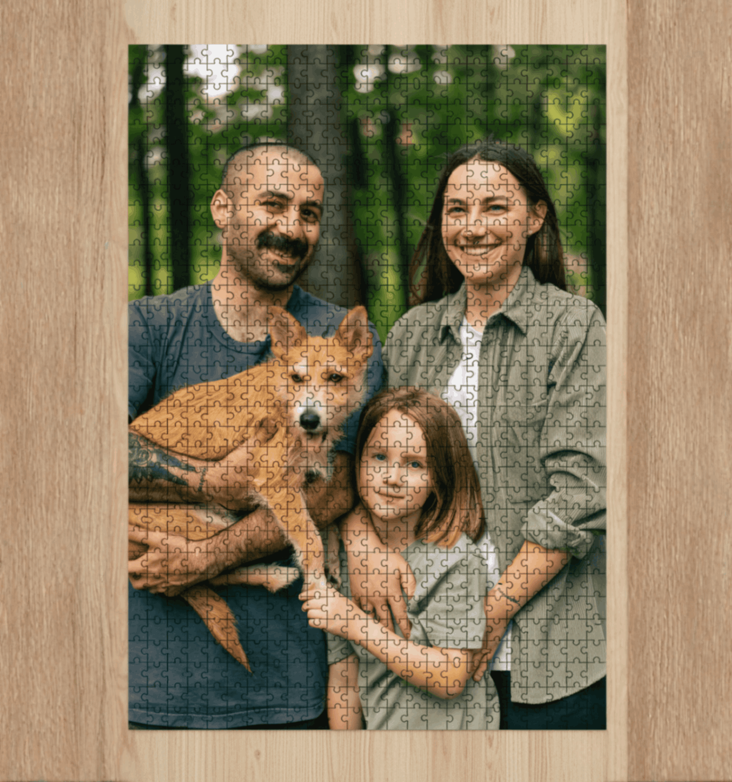 Jigsaw puzzle with a family and dog on a wooden surface