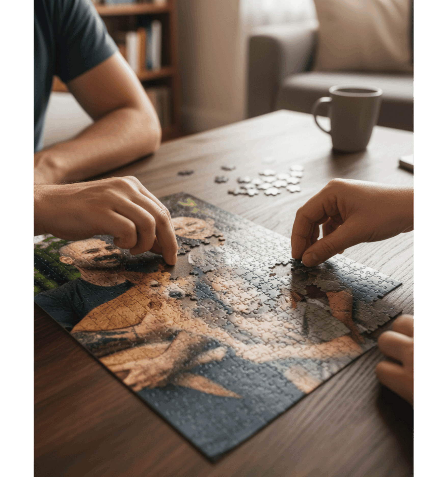 Two people working on a puzzle together at a table.