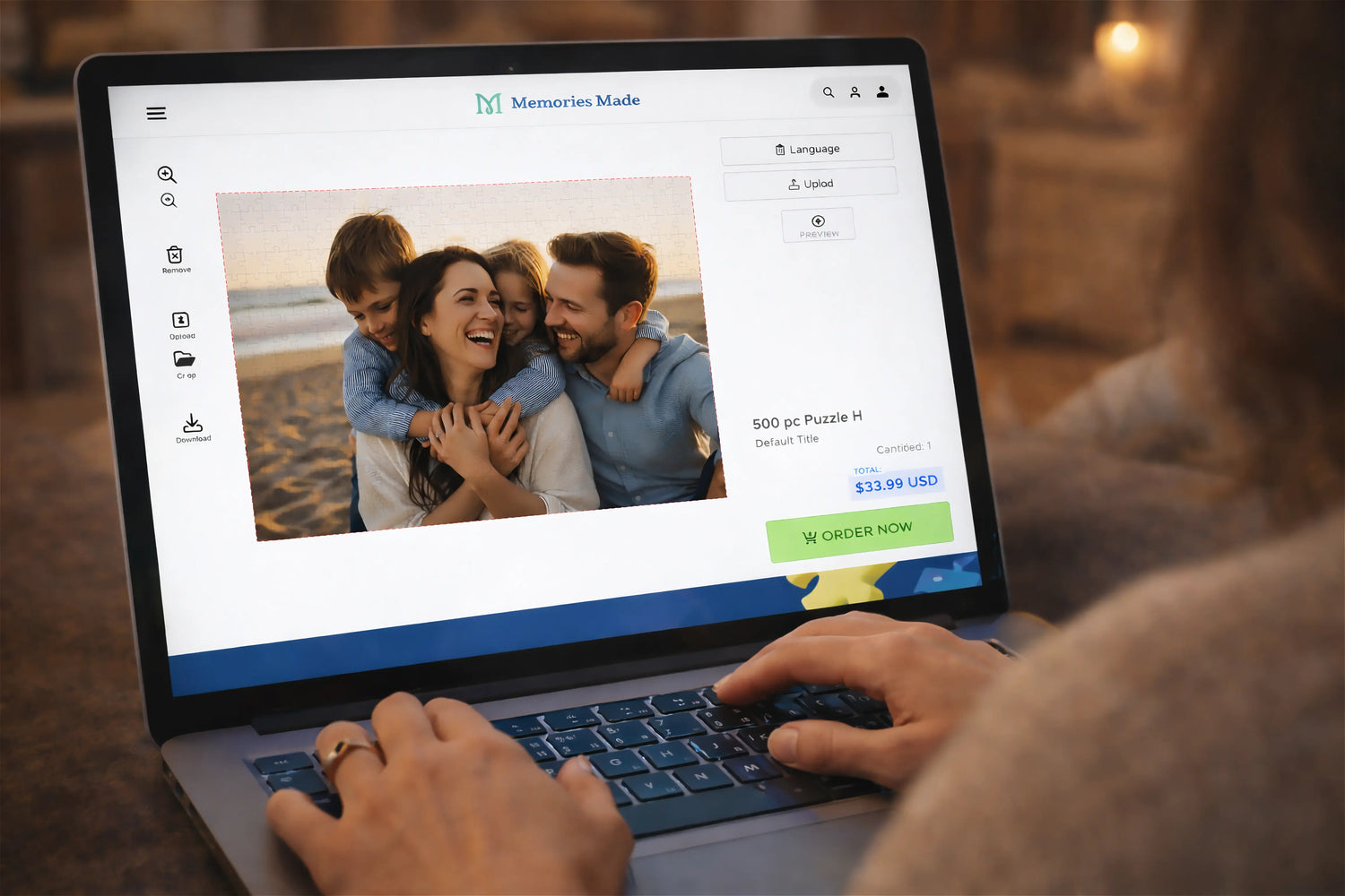 Person using a laptop with a website displaying a family photo on the screen.