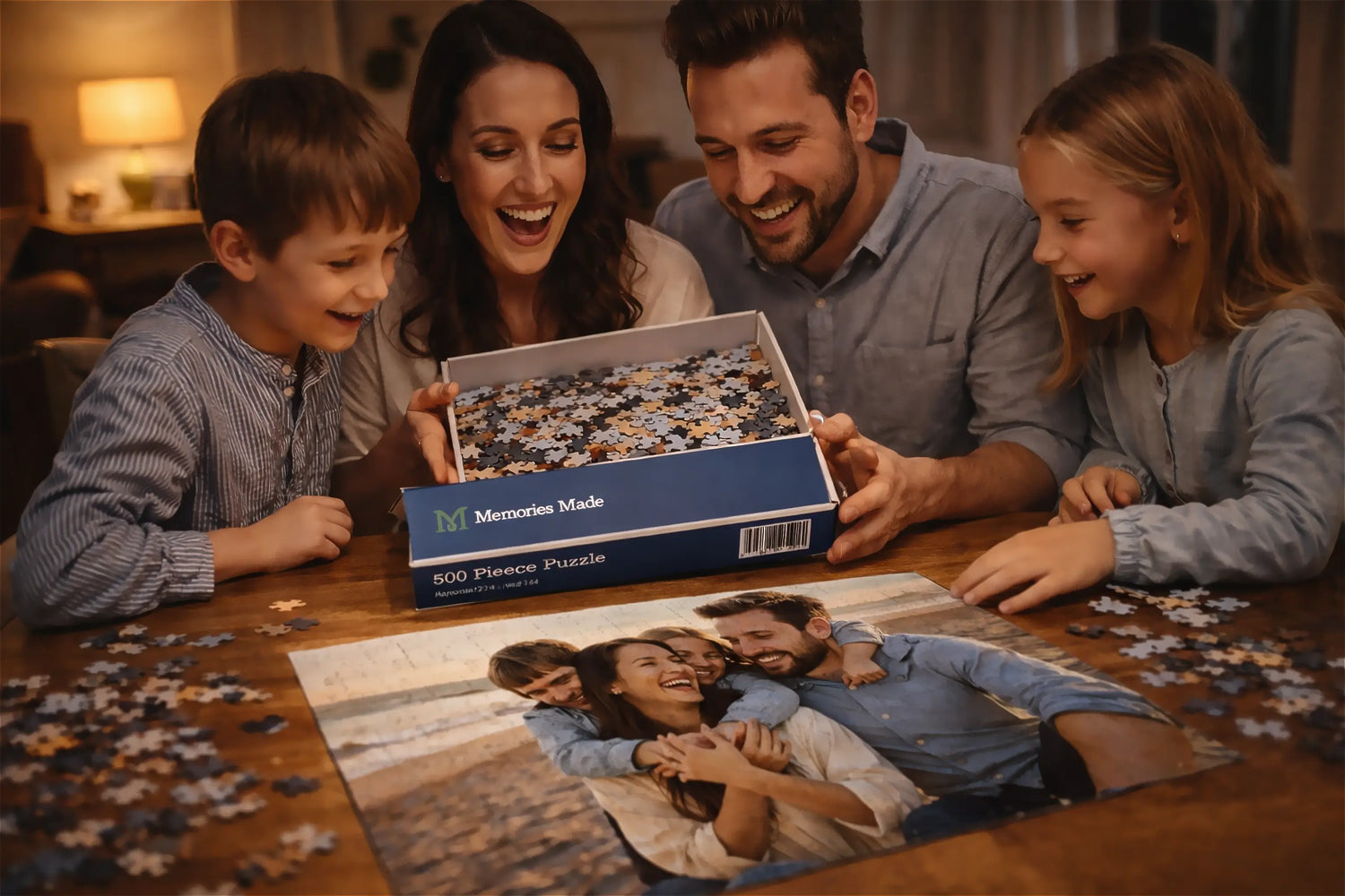 Family of four gathered around a table with a puzzle, smiling and enjoying their time together.