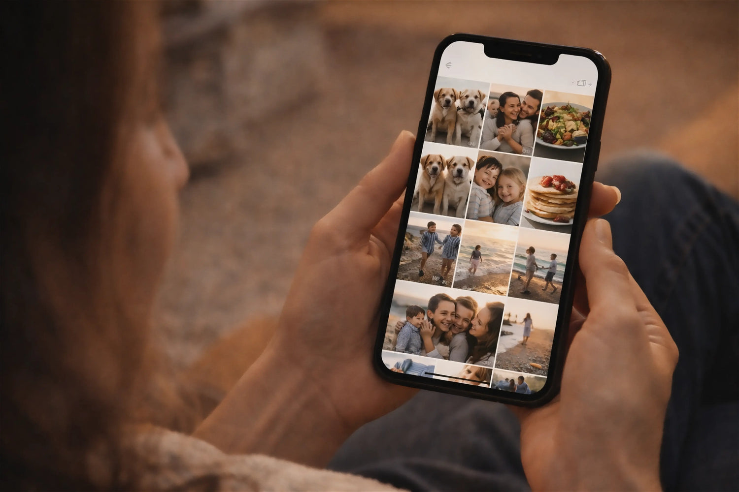 Person holding a smartphone with a photo collage app open, showing various images.