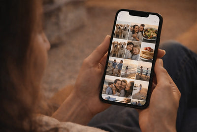 Person holding a smartphone with a photo collage app open, showing various images.